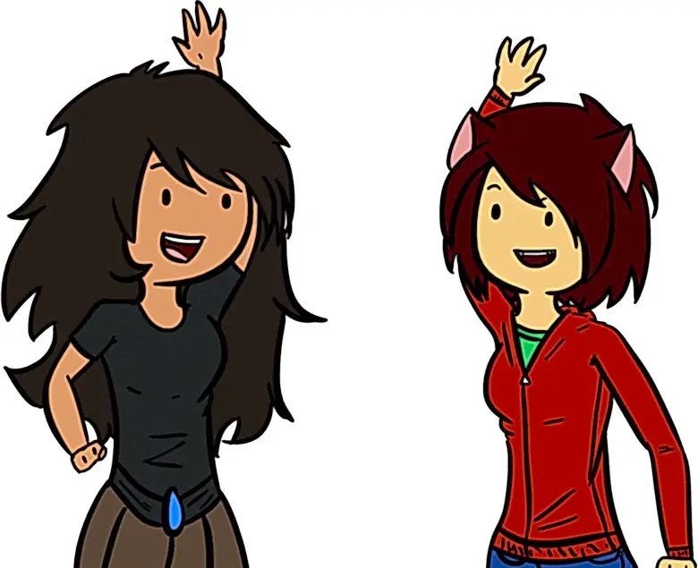 Two cartoon women raising their hands