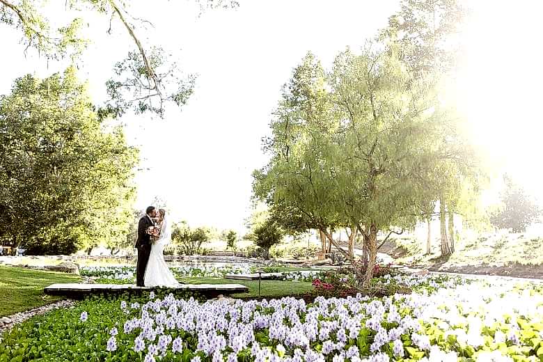 Bride and groom kissing in garden with flowers