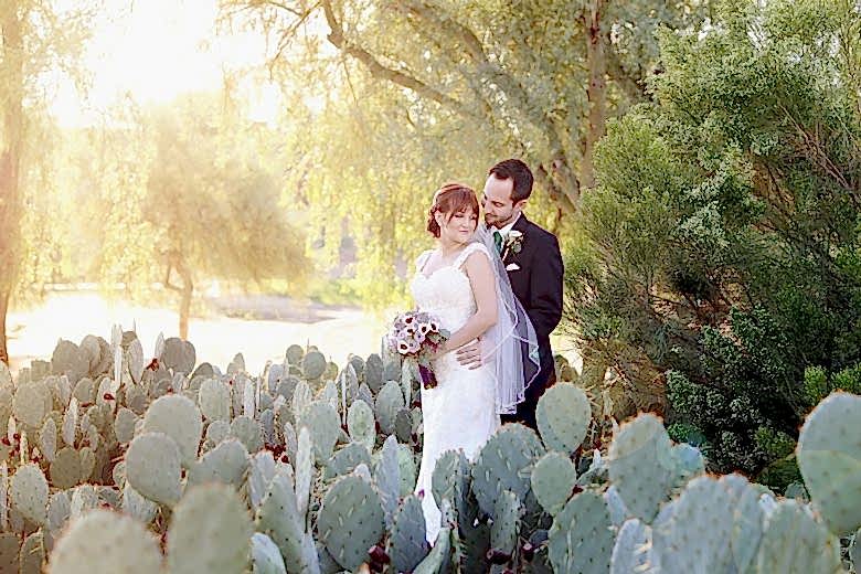 Bride and groom in a field of cacti