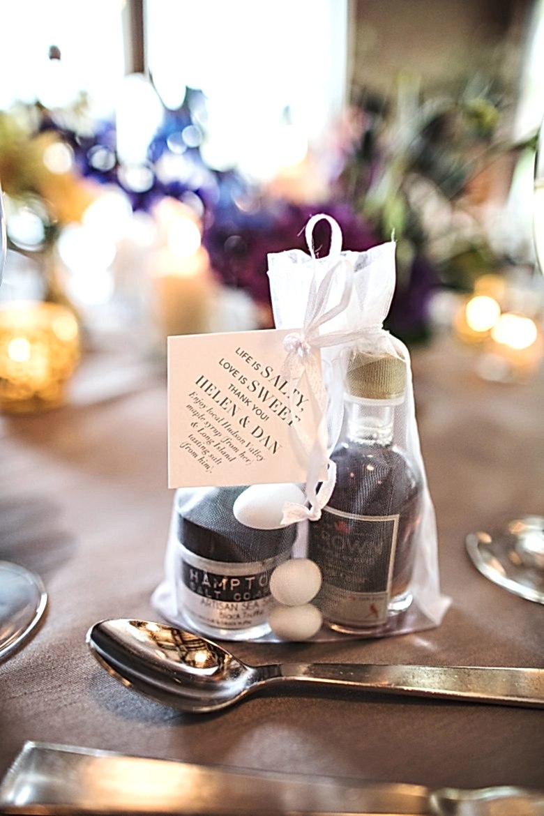 Sea salt and maple syrup wedding favor with Bojack Studios printed tag on table with spoon
