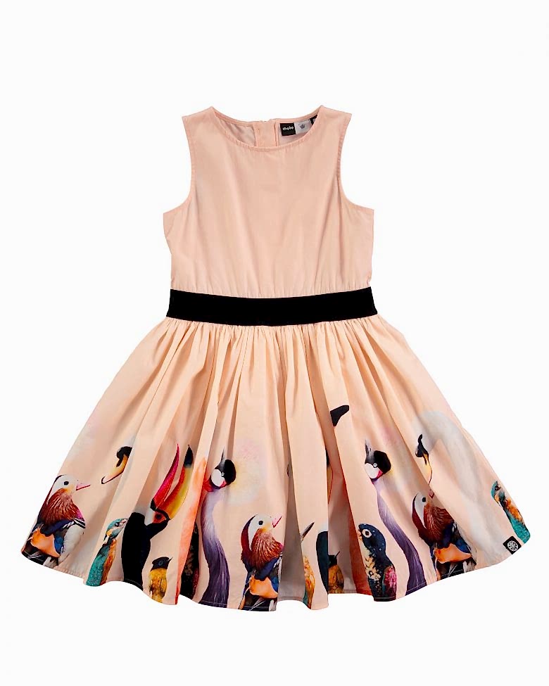 pink dress with bird heads on the trim
