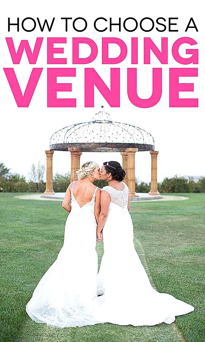 Two brides kissing below text "How To Choose A Wedding Venue"