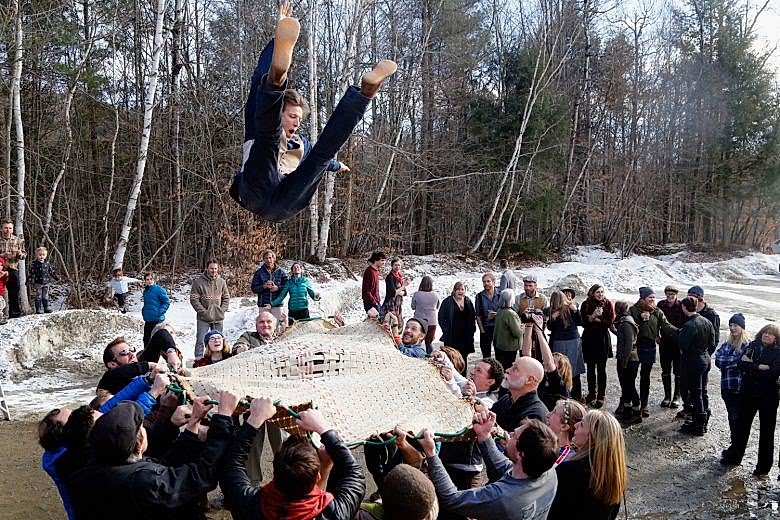 Outdoor snowy party, with trampoline