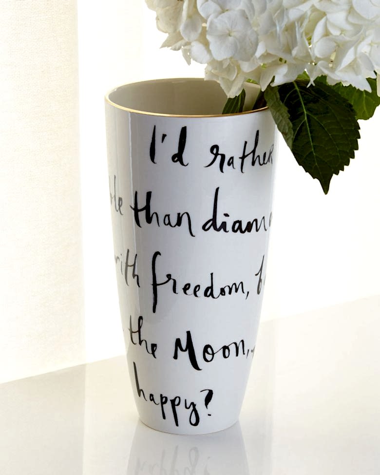 Daisy place vase (white vase with black handwriting, gilded top edge) with white hydrangea 