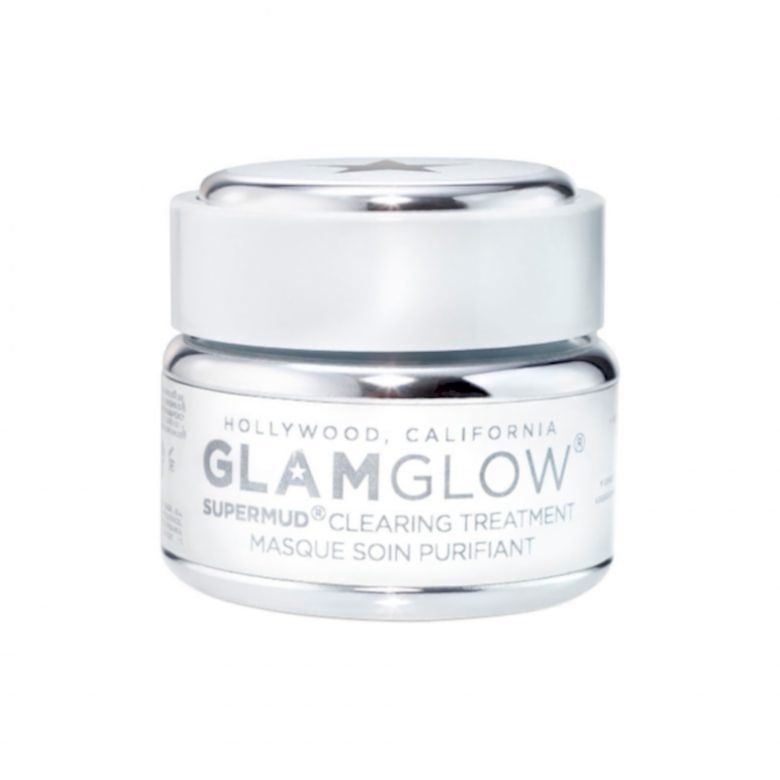 White jar with silver lid of Glamglow supermud clearing mask treatment