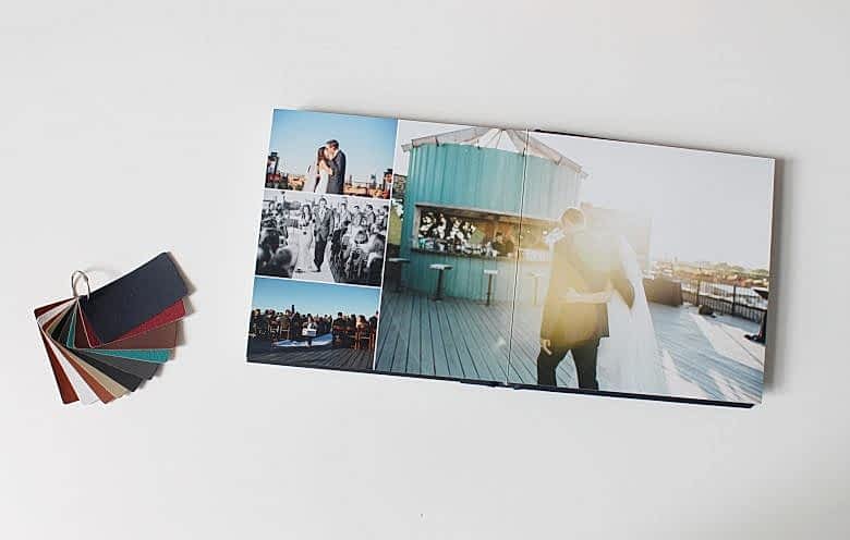 interior album spread with three images on left and photo that spans the gutter next to a collection of cover swatch options