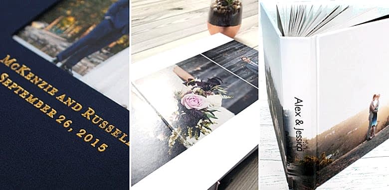 triptych of album photos: first of the cover of a navy album with photo inlay, debossed with gold lettering that reads McKenzie and Russell September 26, 2015; the second is an album open to a center spread with a photo of the bride holding a bouquet; the third is of an album standing on its end with a photo-wrap hard cover that reads Alex & Jessica on the spine