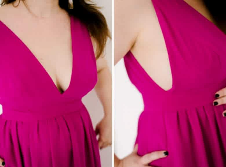 closeup of pink neckline with boob tape bra under it