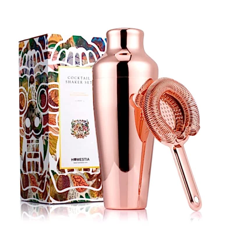 rose gold cocktail shaker and strainer