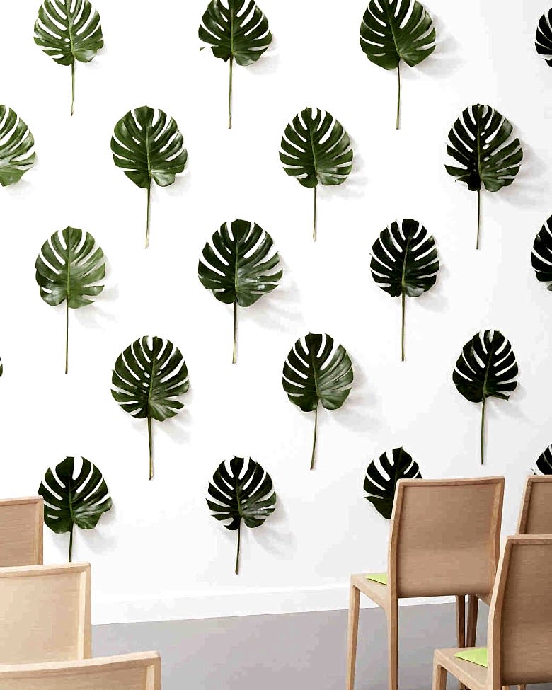 tropical leaves hung vertically on a wall and evenly spaced to create three-dimensional wallpaper-like pattern