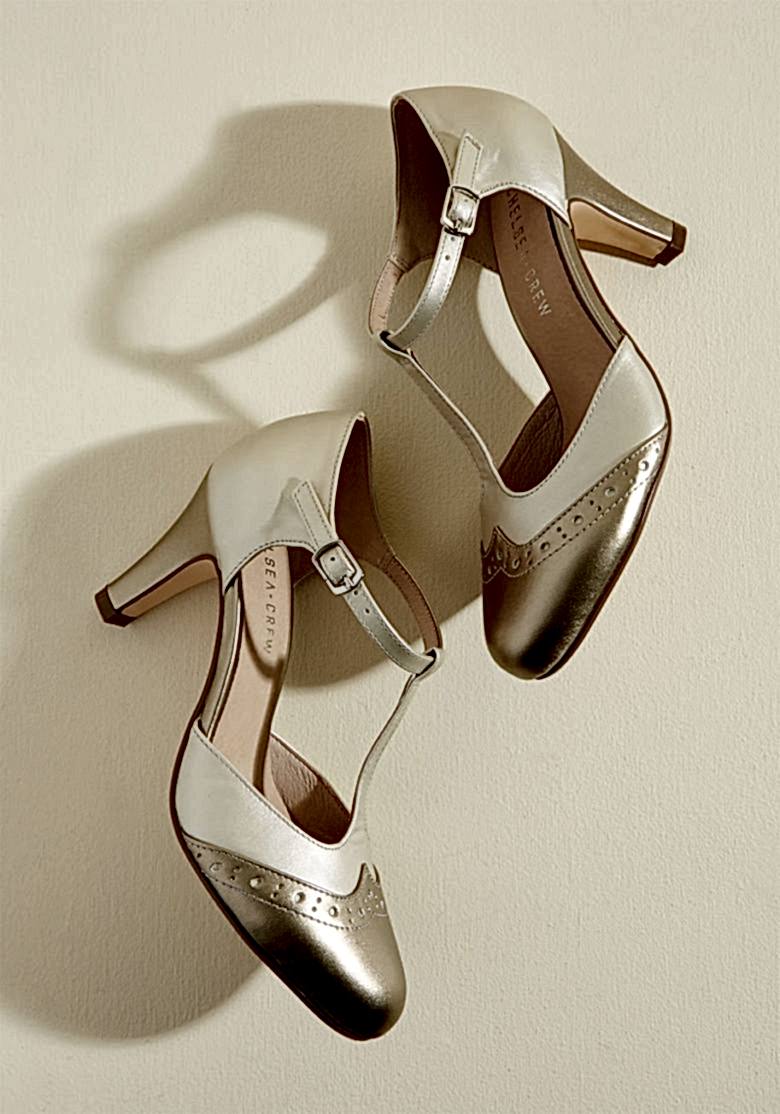 gold and white t-strap wedding shoes with a mid heel