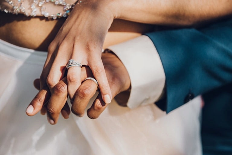 close up on the hands of a queer non-white couple wearing engagement rings and wedding bands