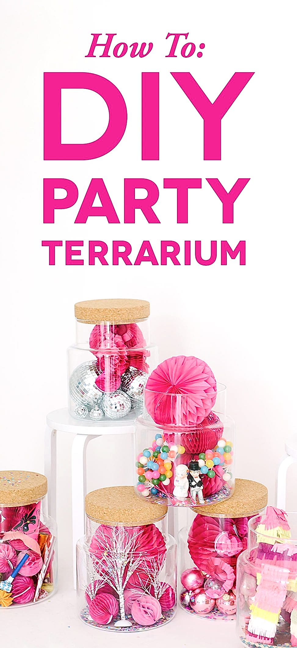 wedding party terrarium with pink and yellow mini pinatas