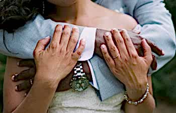A close up image of a man standing behind a woman with his arms wrapped around her. Prenups.