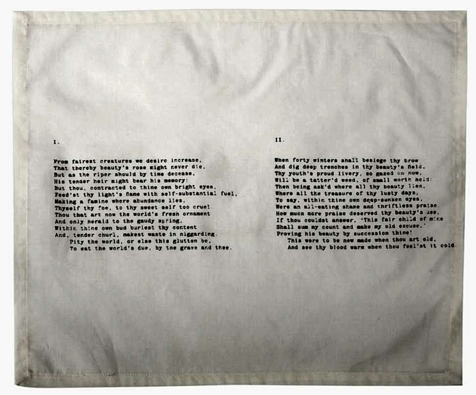White napkin with sonnets printed on it