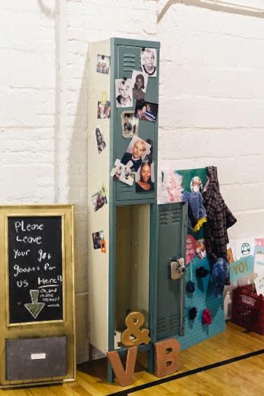 90s decorated lockers with school pictures of bride and groom