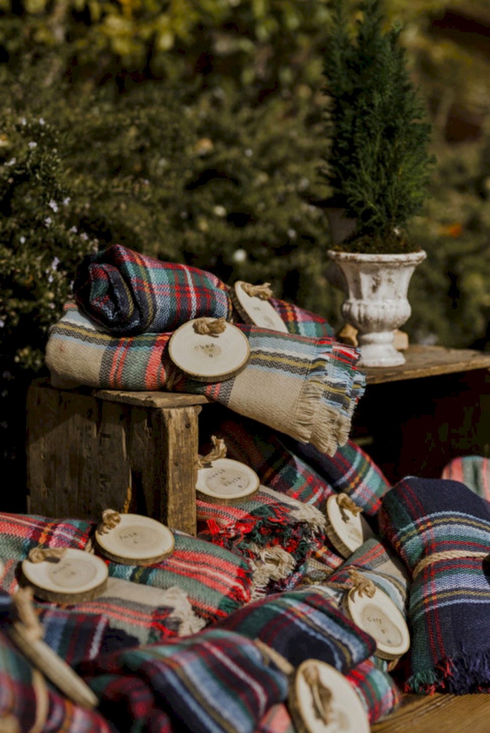 flannel blanket with wooden name cards attached