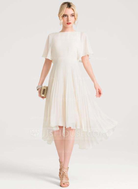 A wedding dress with a high cut front
