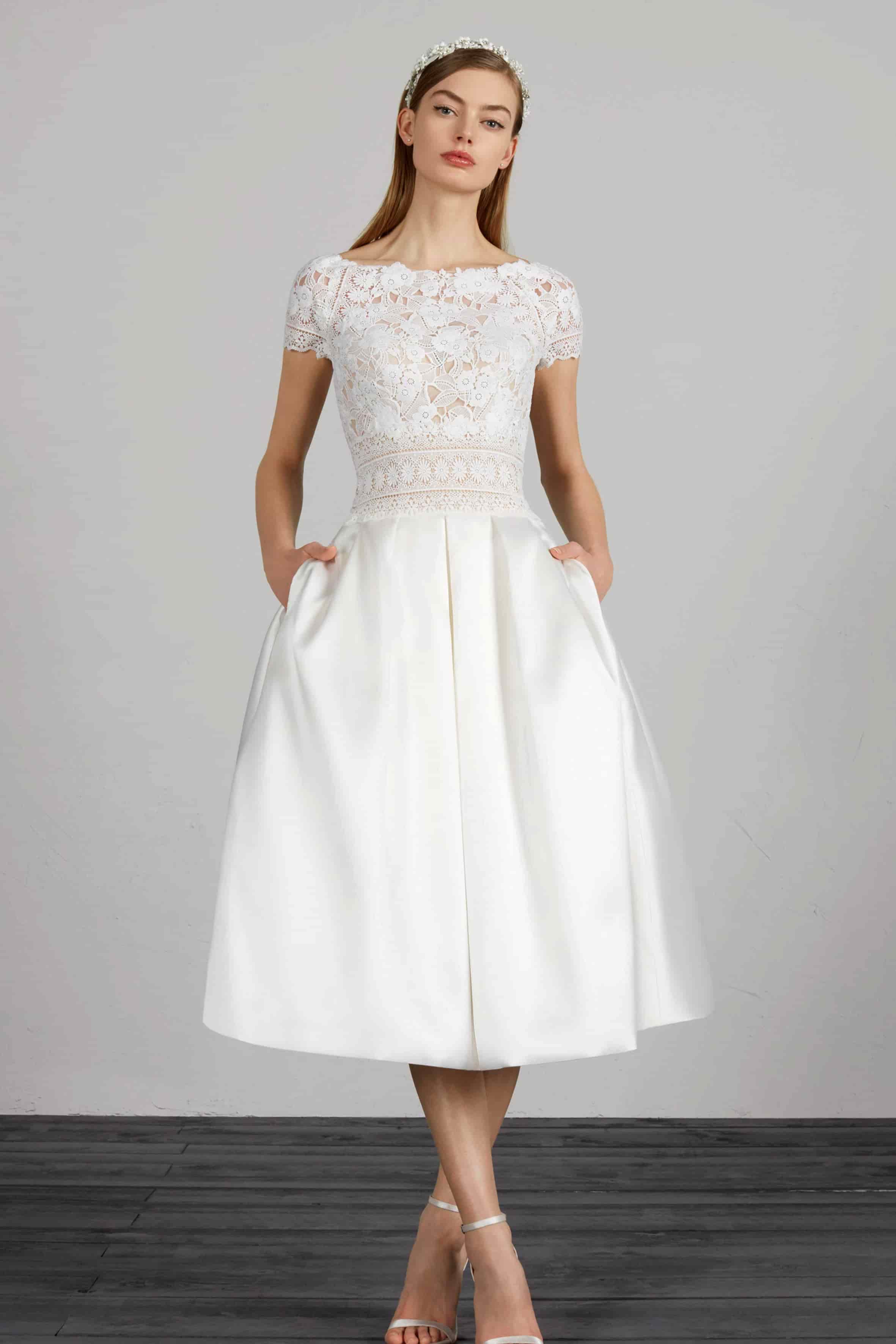 A knee length wedding dress with pockets