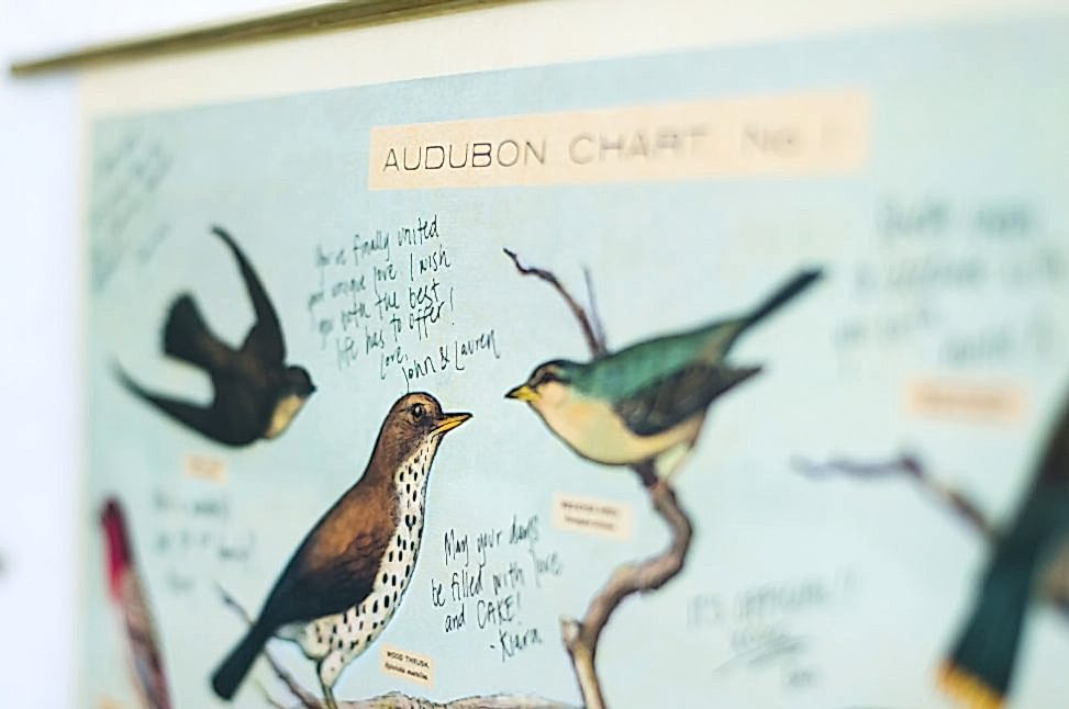 weddng guest book ideas - signed poster hanging on the wall with birds on it