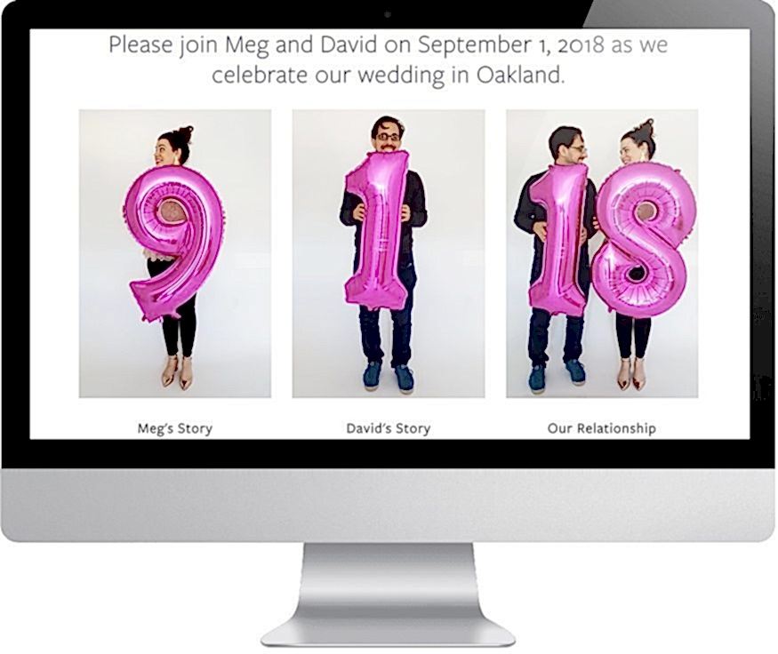 a squarespace wedding template on a mac screen shows a couple holding giant hot pink number balloons that spell out 9/1/18 and an invitation to join their wedding in Oakland
