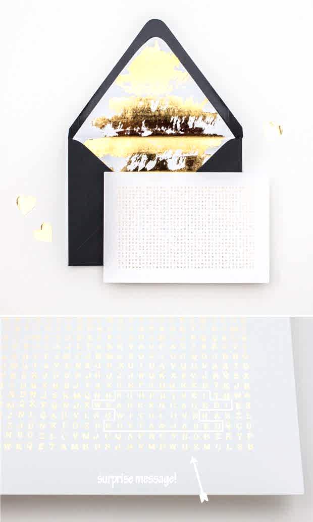 gold foil save the date word search and envelope