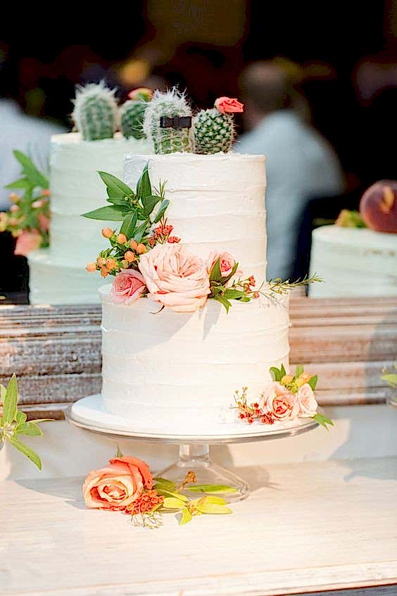 mini cacti "dressed" as bride and groom cake topper—one topped with a pink flower, one with a black bow tie