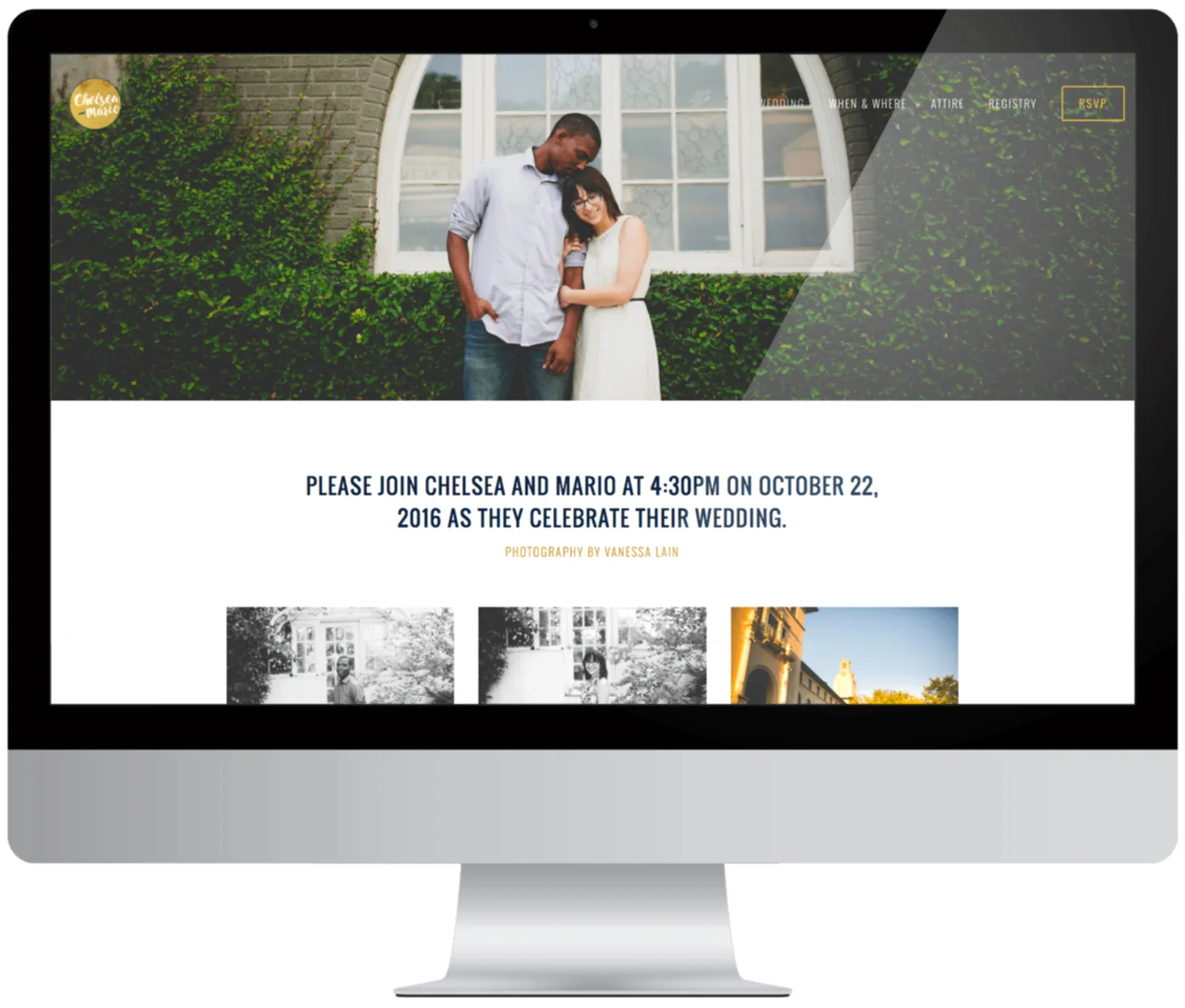 a Squarespace wedding website example with a large top photo and three smaller photos shown on a computer monitor