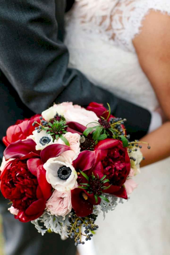 red pink and white round bouquet