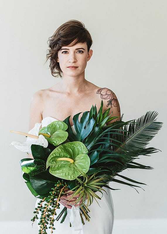 large asymmetrical tropical bridal bouquet