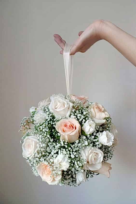 white and pink rode and babies breath pomander bridal bouquet 