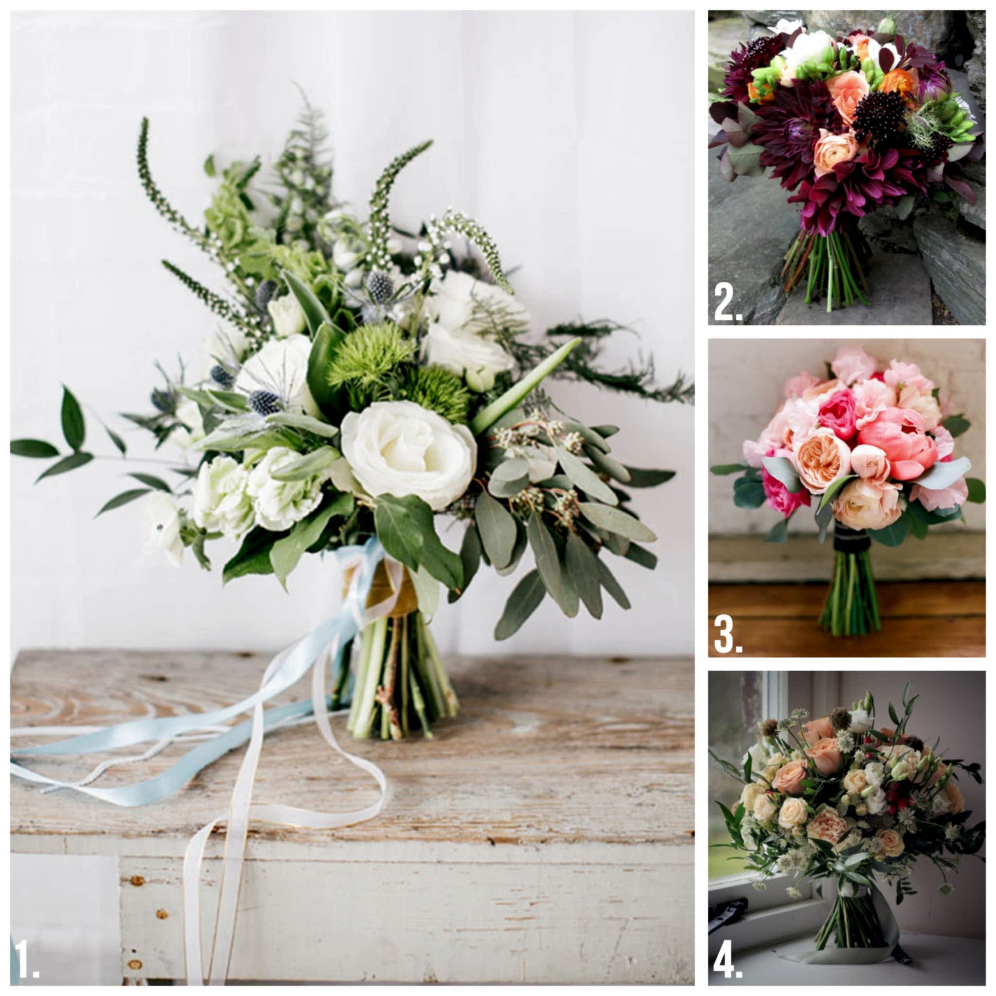 Four panel image of hand-tied bouquets