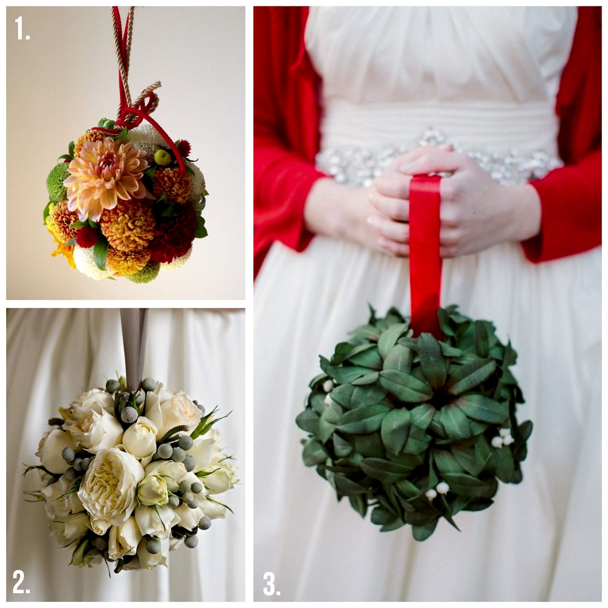 Three panel image of pomander bouquets