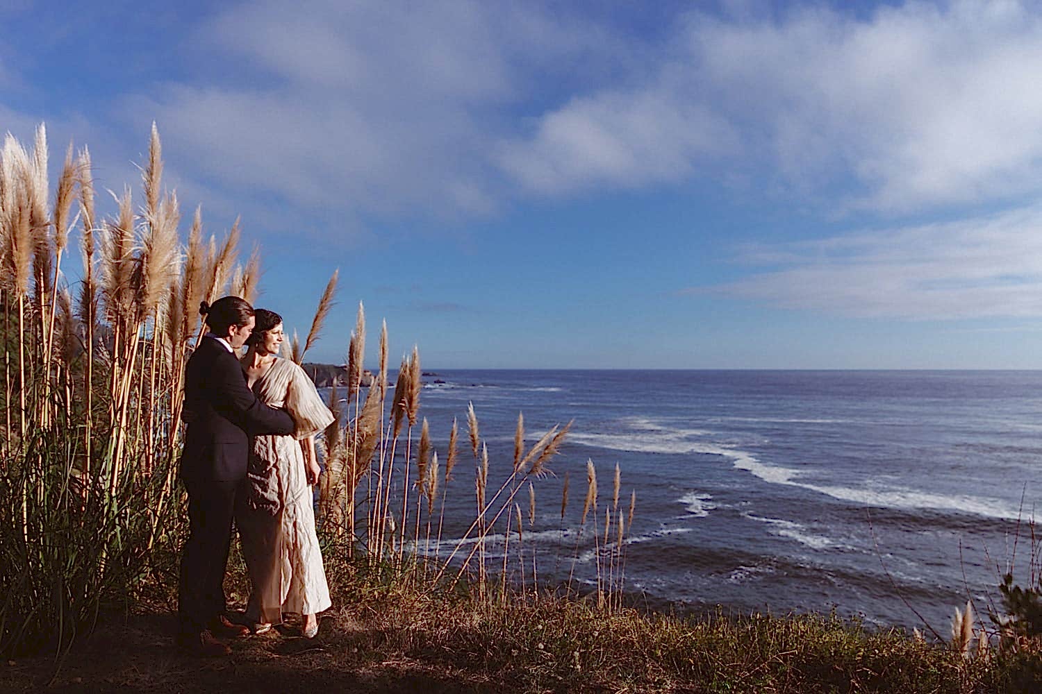 A man and woman stand among tall reeds, on a cliff.