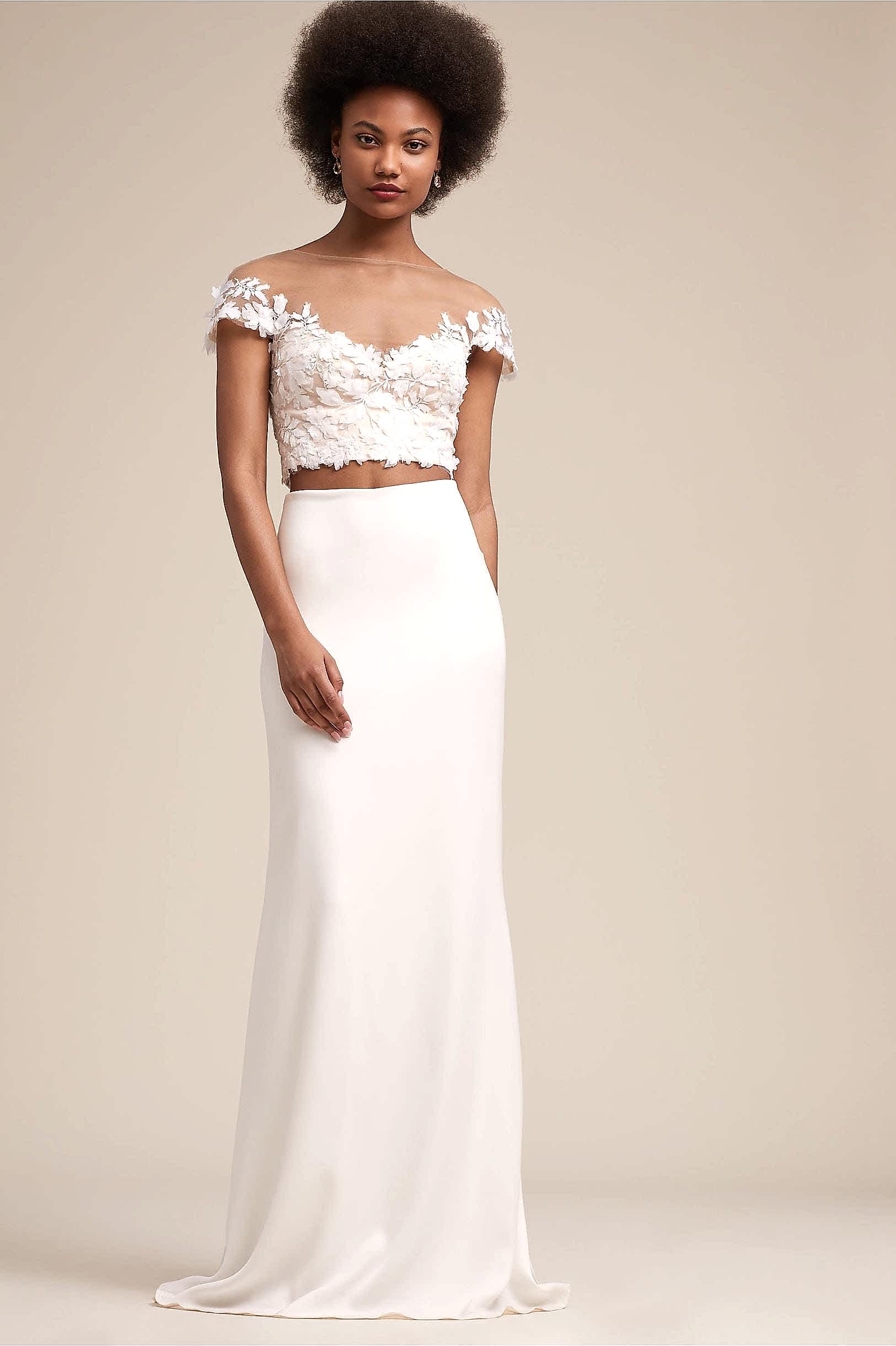 Leroy Top and Gidley Skirt from BHLDN: crop appliqué top with off the shoulder with v-neck, with high waist flowing column skirt