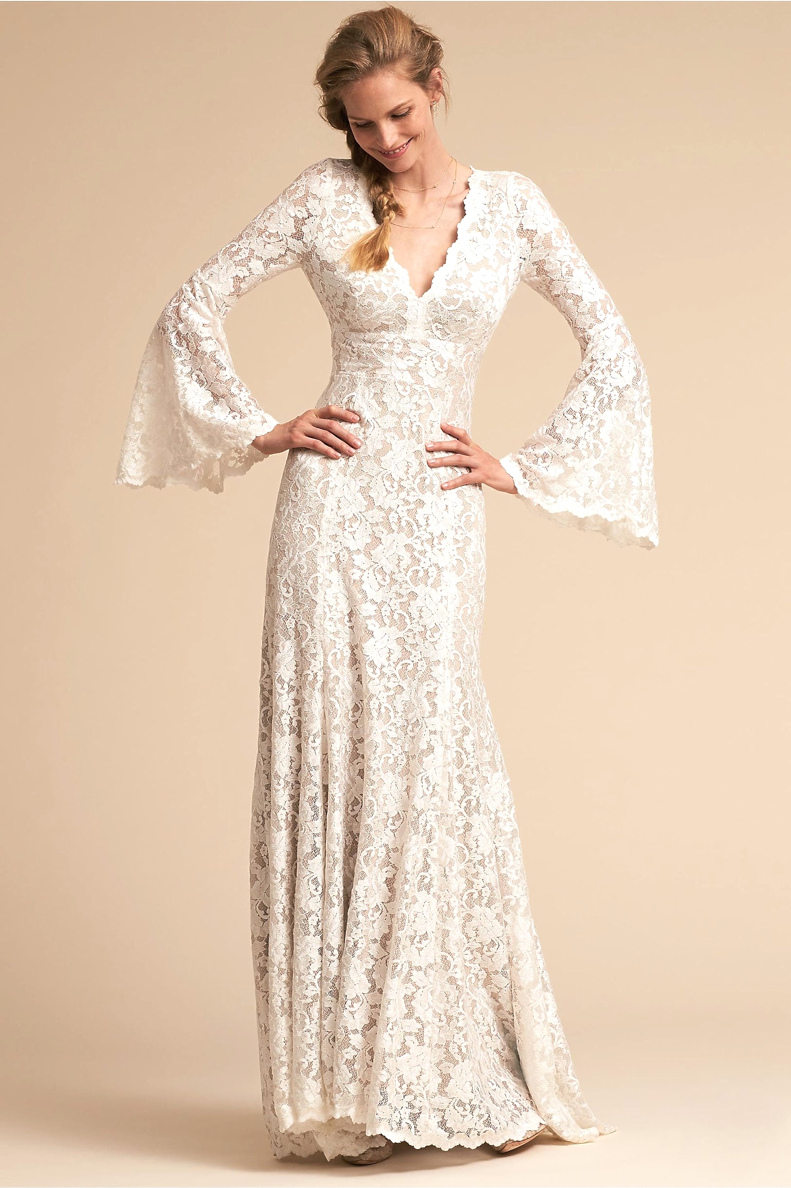 Lucca Gown Ivory from BHLDN: ivory floral lace dress with bell sleeves and v-neck with scallop neckline