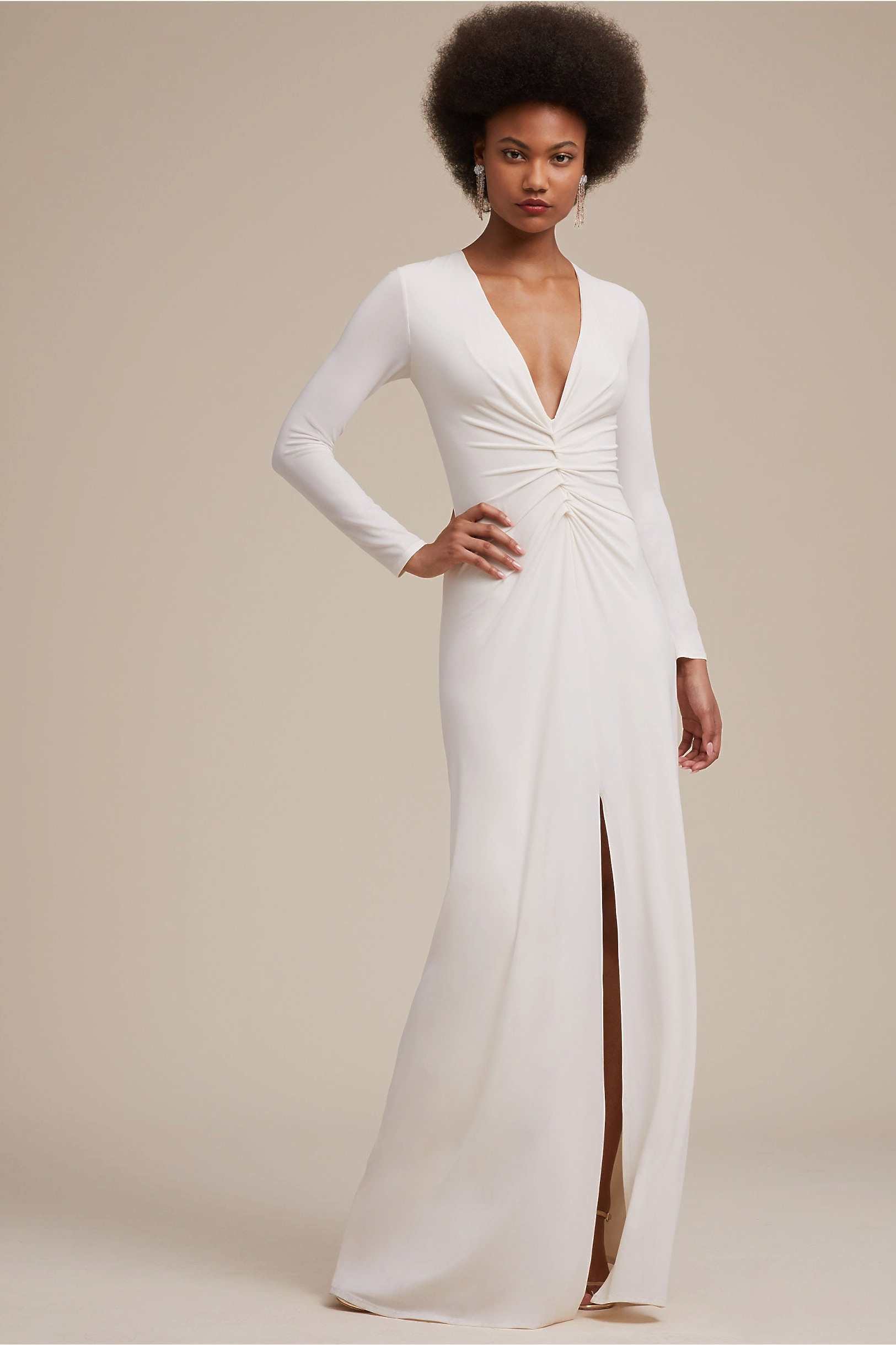 Kayes Dress from BHLDN: long-sleeve full-length v-neck high slit dress with gathered waistline