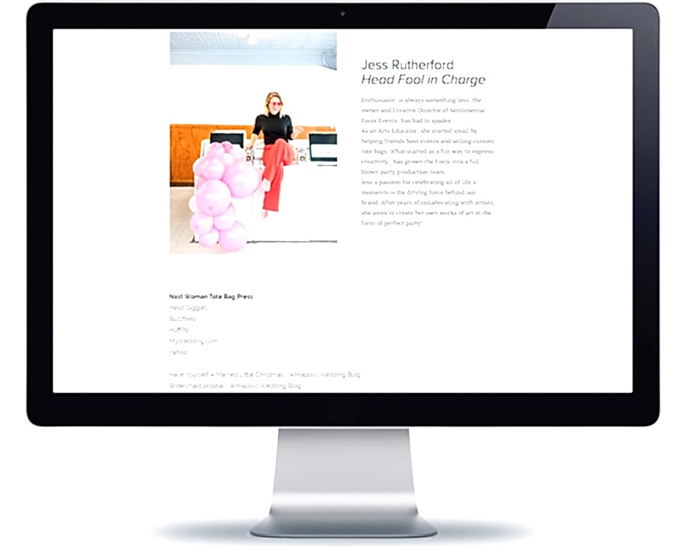 A computer monitor showing a bio page for Jess Rutherford on the Sentimental Fools Squarespace Website