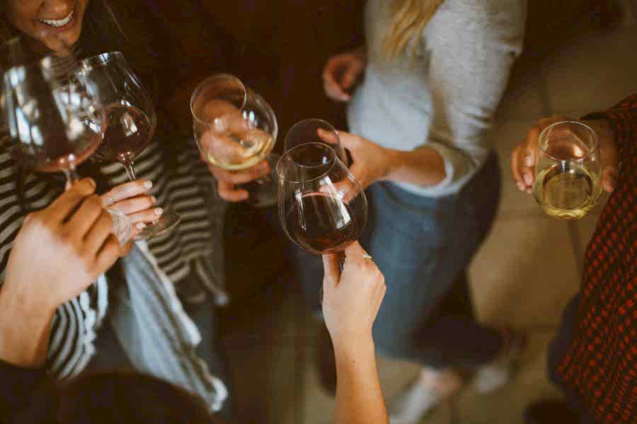 A group of people toasting with wine glasses at a party