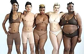 Five people with different skin tones and body types wearing nude-colored underwear