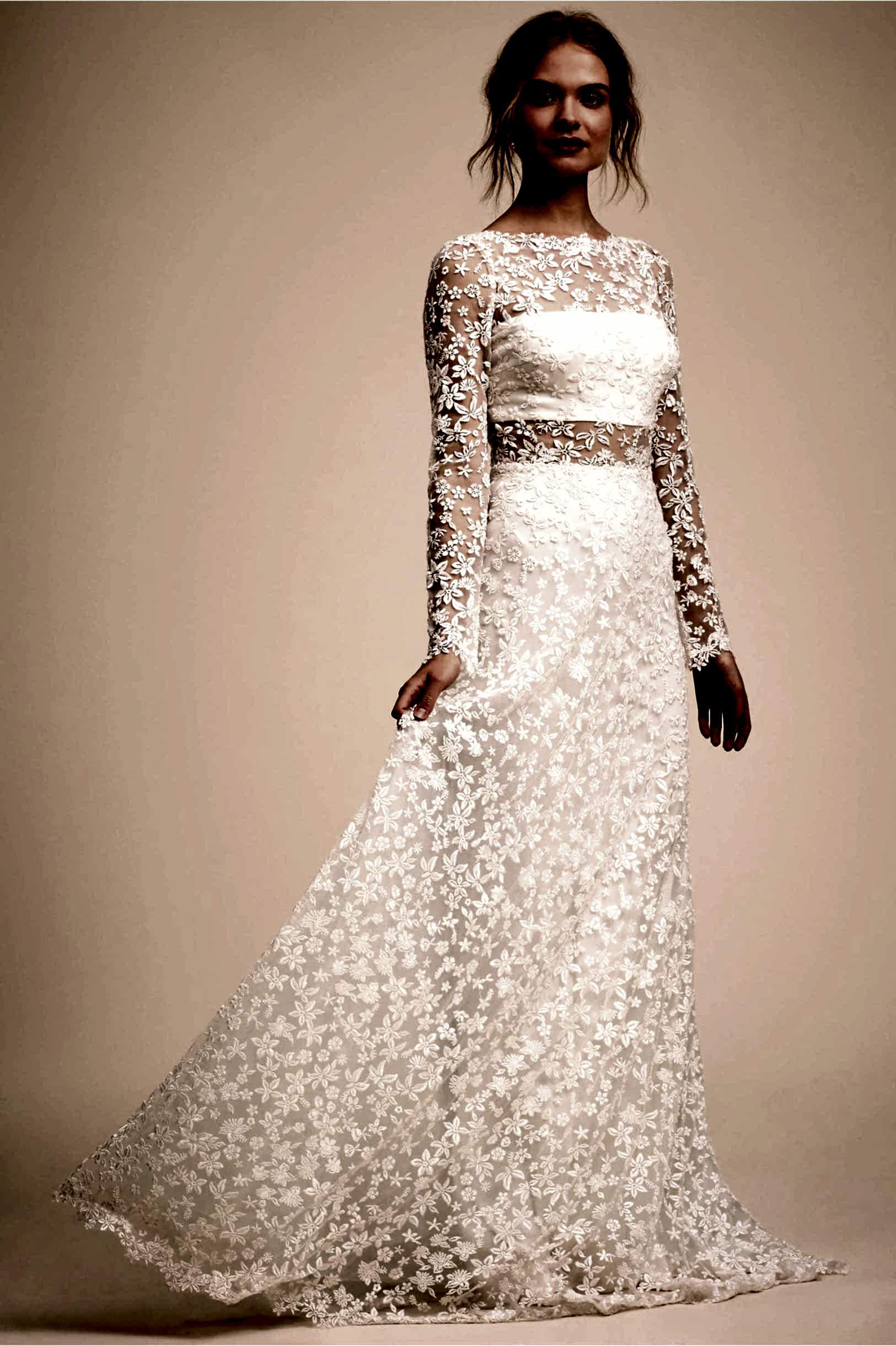 blond woman wearing a sheer floral overlay 2 piece wedding gown