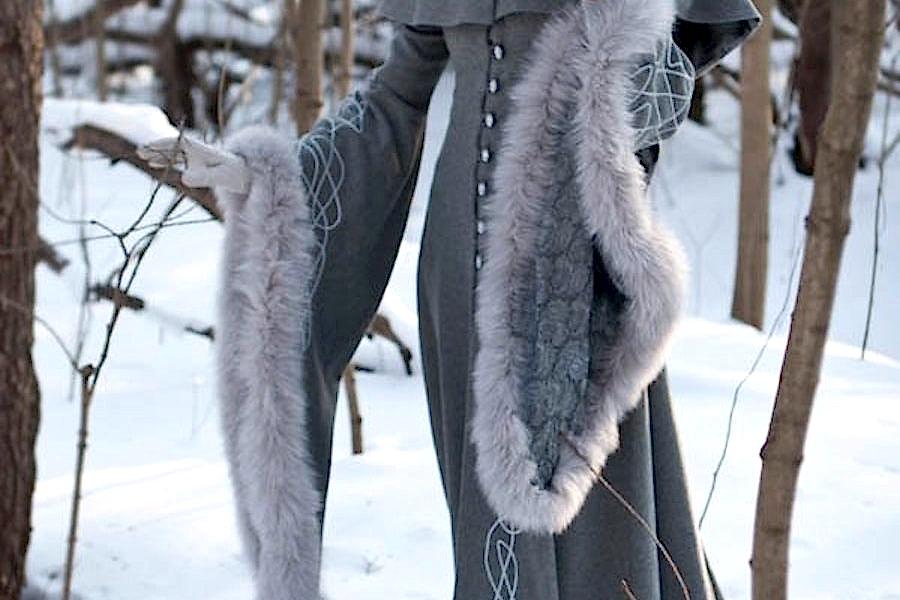 Fur trimmed grey winter wedding dress