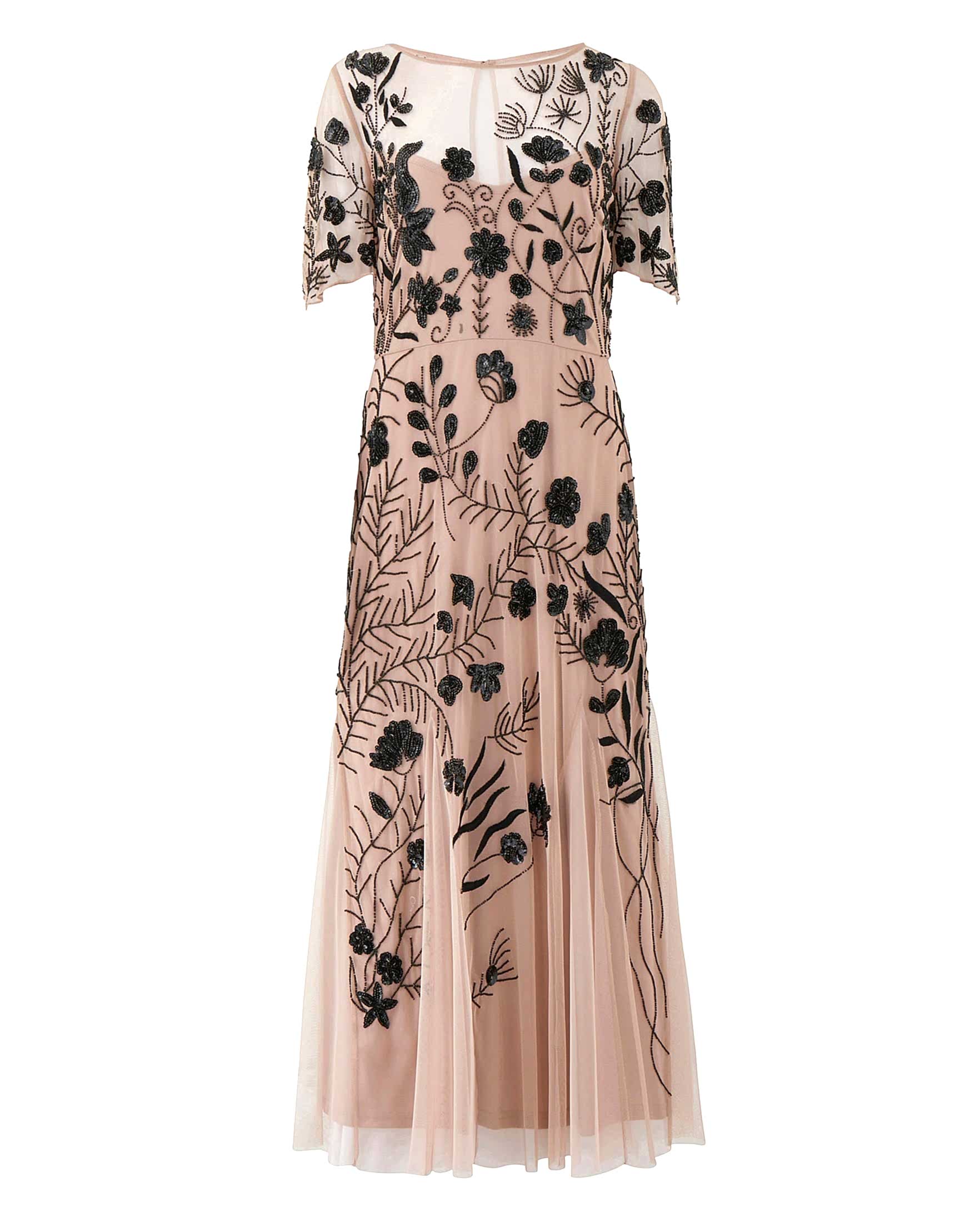 light pink gown with mesh overlay and black floral beading 