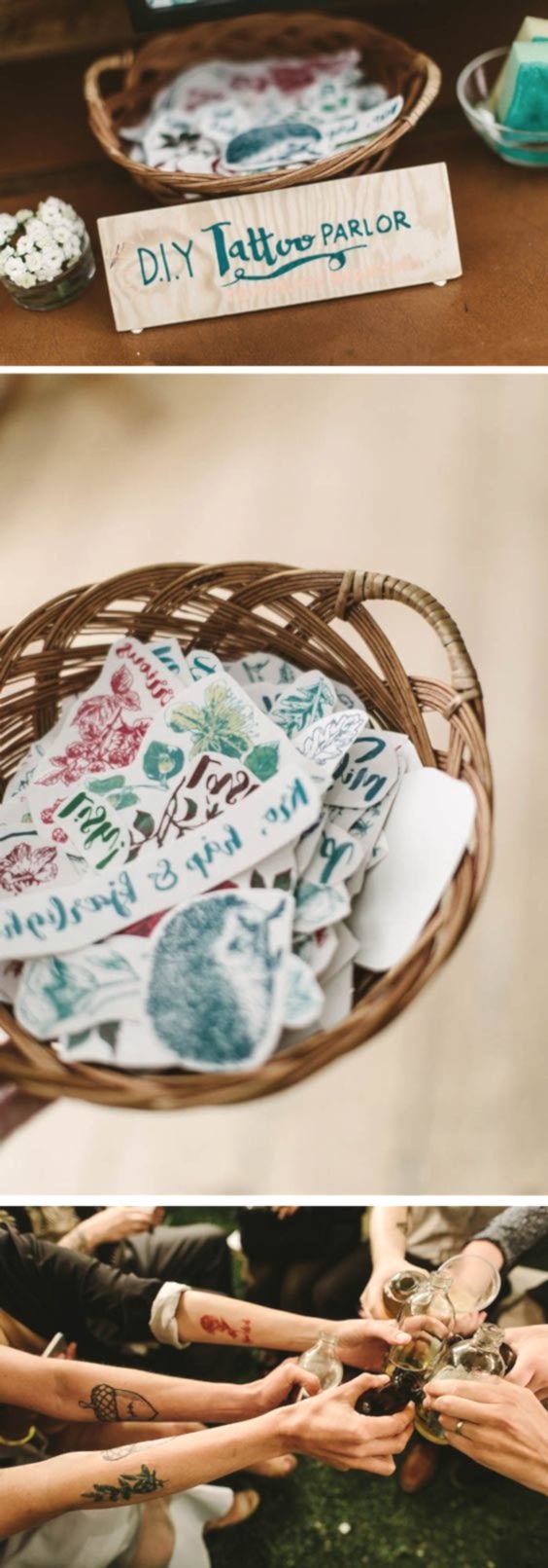 wedding ideas for a wedding activity and favor— DIY tattoo parlor. Three images show a basket of temporary tattoos with a sign that reads "DIY Tattoo Parlor," a close up of the tattoo basket, and then arms with the temporary tattoos toasting
