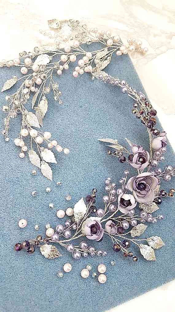  Metal floral headpiece in winter wedding colors: lavender, dark purple, silver, and white