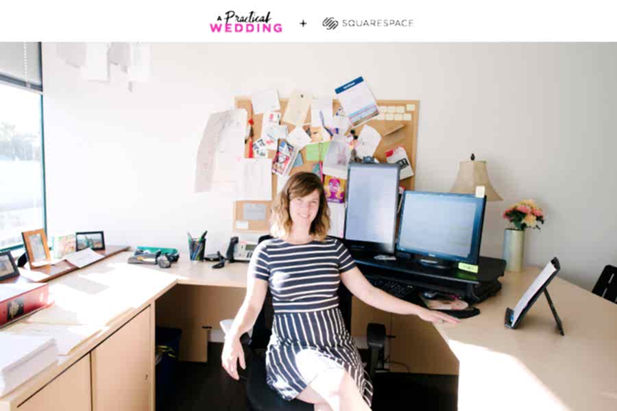 A woman in a striped dress sits in a sunny office at her desk with her back to her computer and colorful, full bulletin board. The words "A Practical Wedding + Squarespace" appear above the photo.