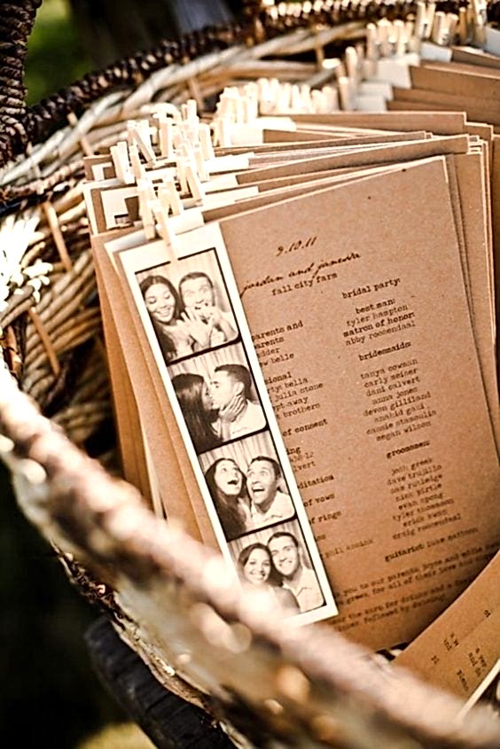 wedding ideas for programs—photo strips attached to chipboard ceremony programs with mini clothes pins