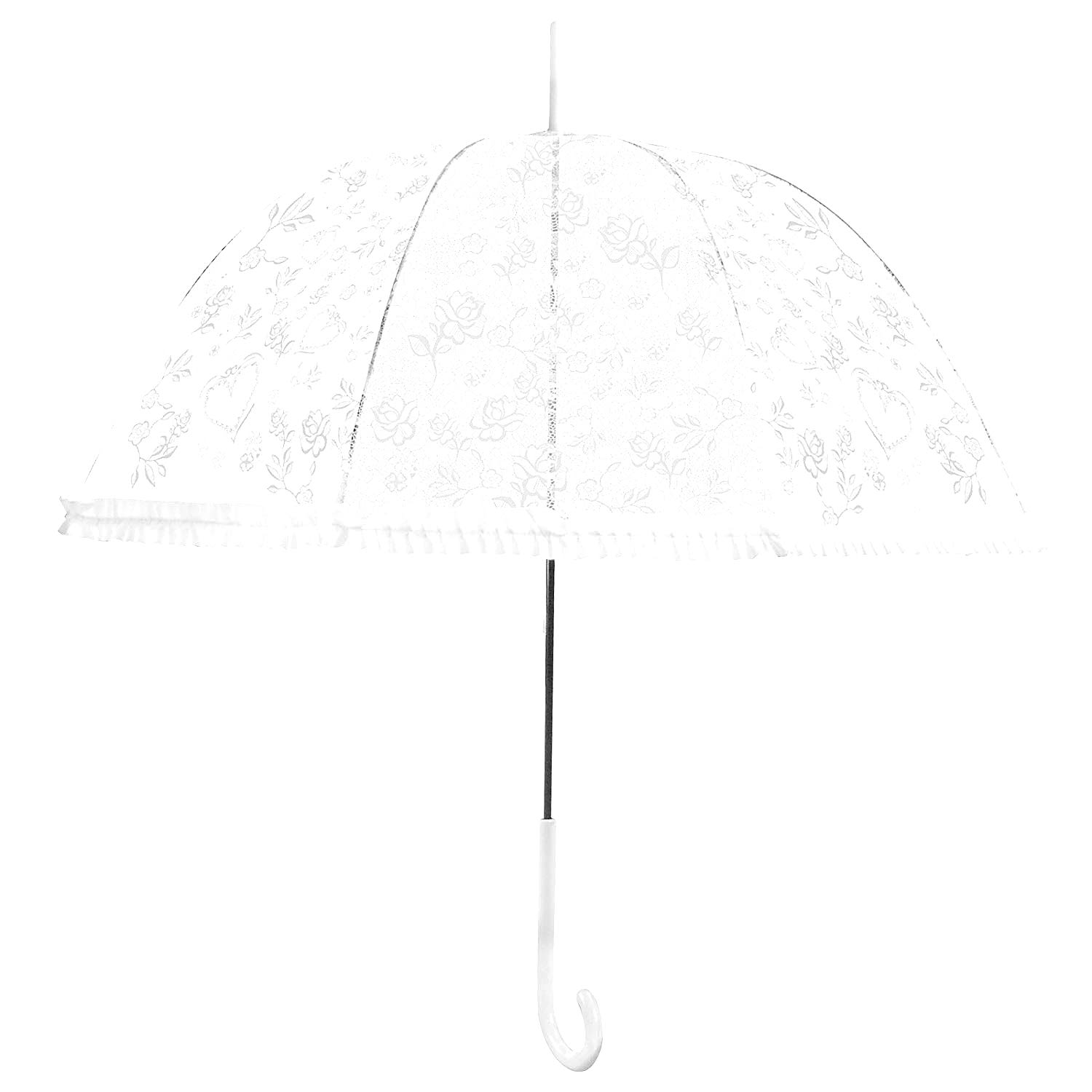 a product shot of a clear wedding umbrella for rain with white lacy flower and heart doodles and a small white ruffle edge