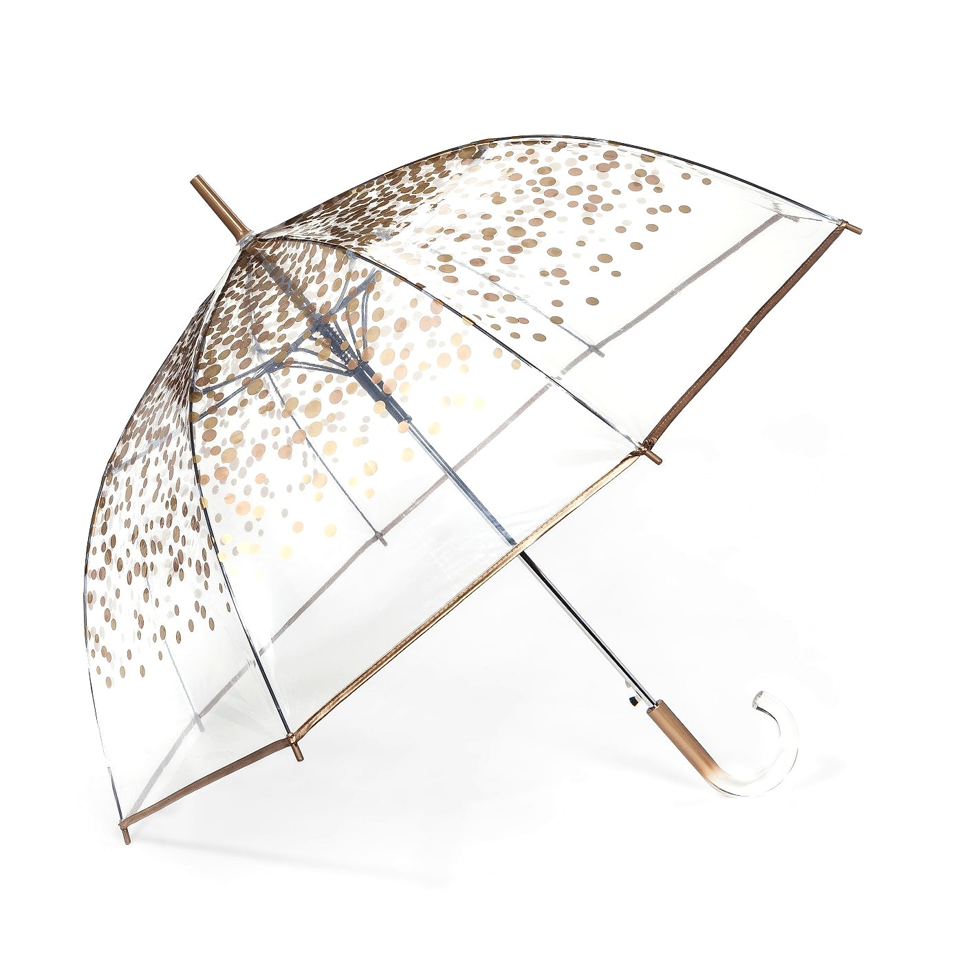 product shot of a clear wedding umbrella for rain with gold polka dots