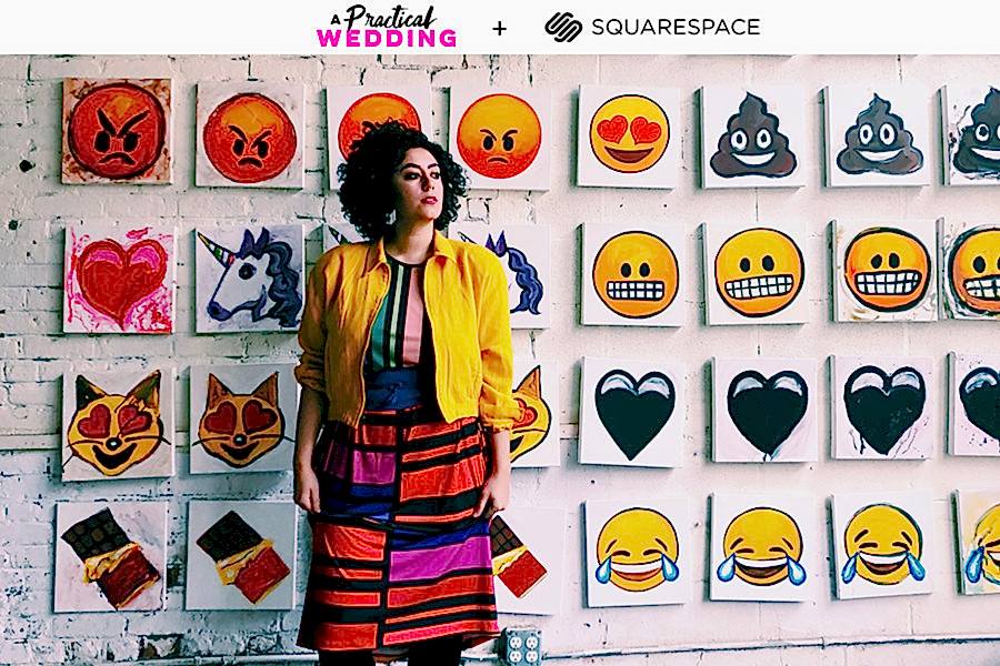 Najva sol stands in front of a grid of emoji images. Text above the image reads: A Practical Wedding + Squarespace.